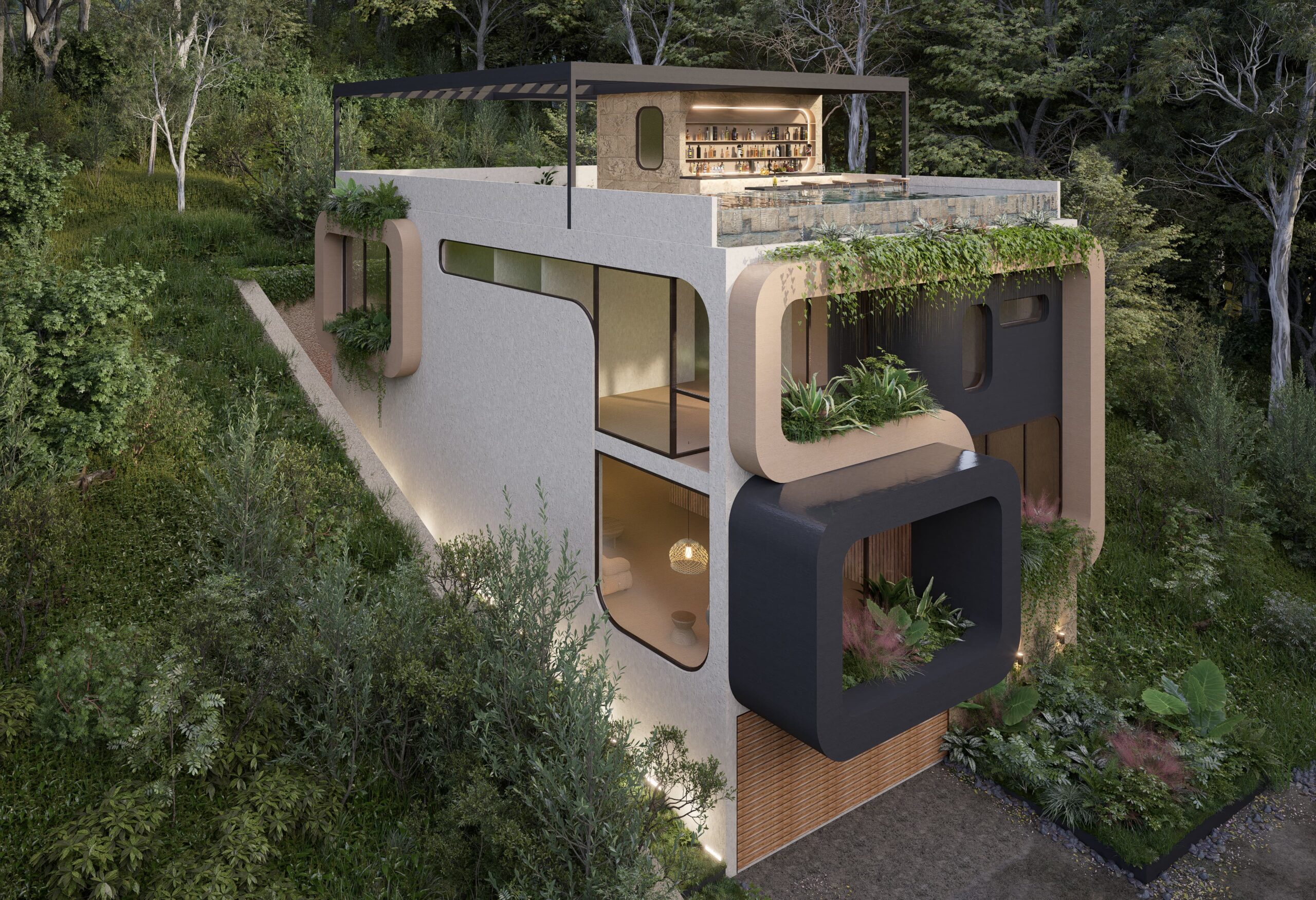 Side view of modern villa with rooftop bar – pre sale Punta Mita