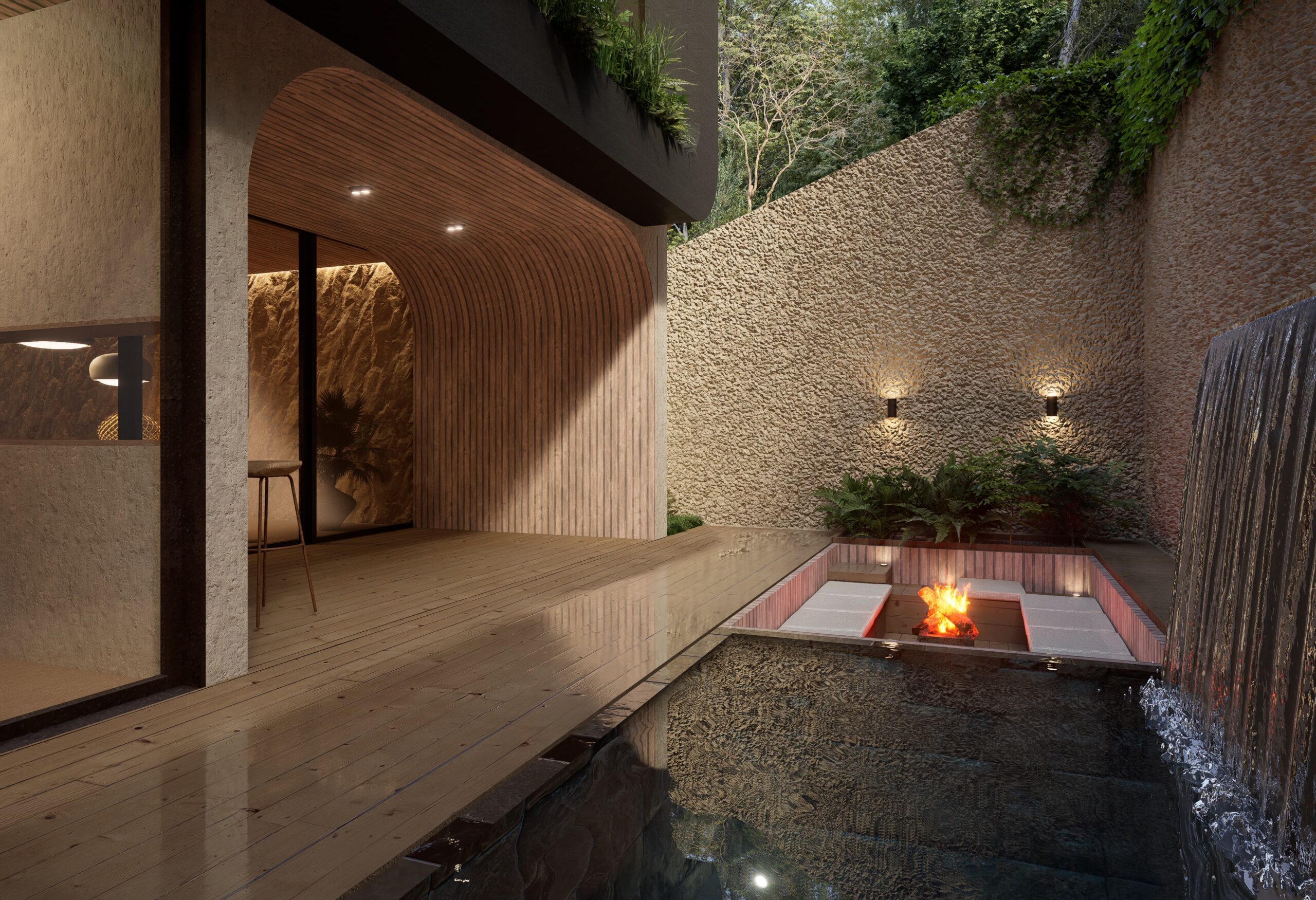 Luxury villa firepit and waterfall feature – pre sale Punta Mita