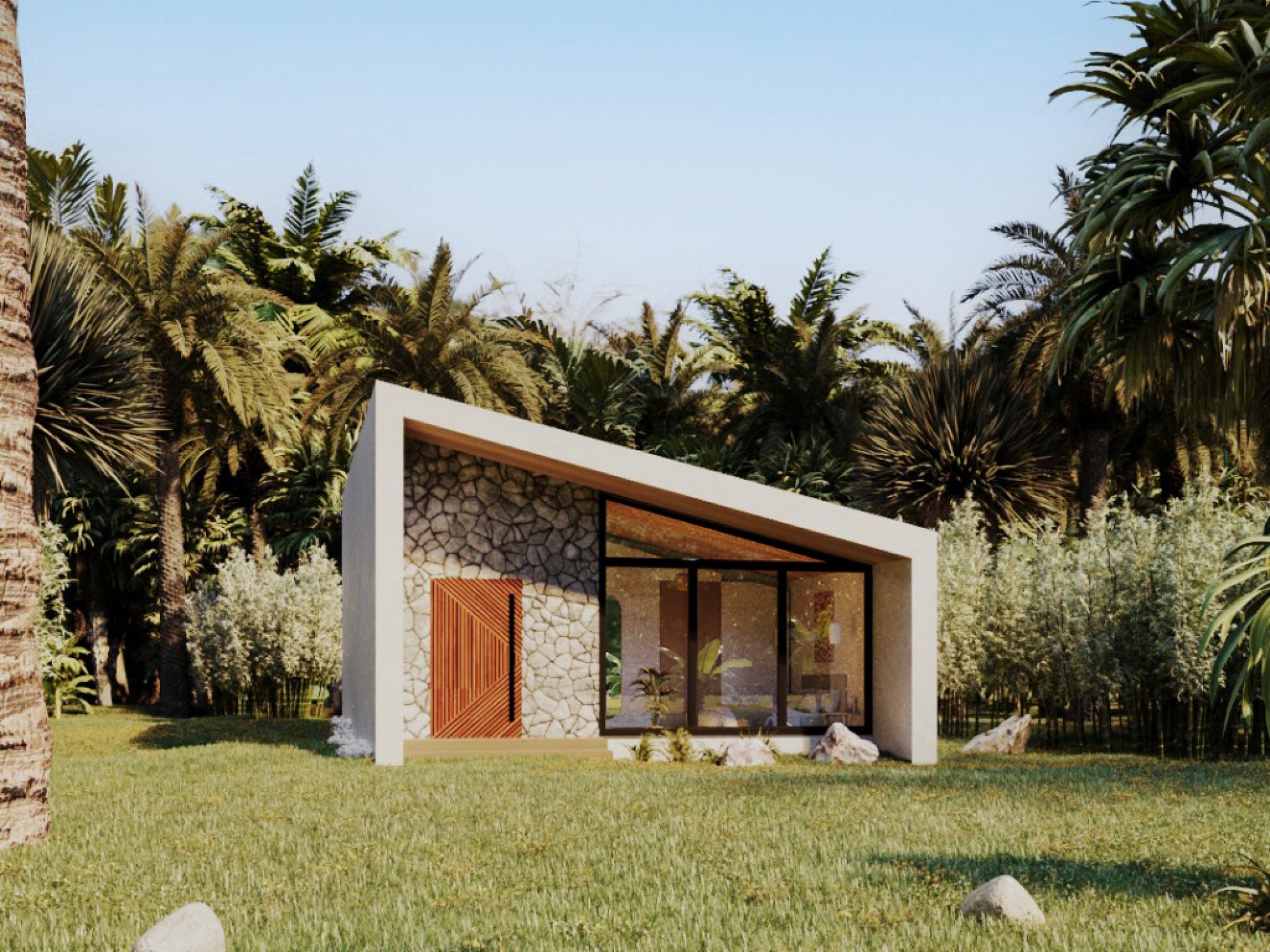 Stone façade luxury villa surrounded by palm trees in Punta Mita pre sale