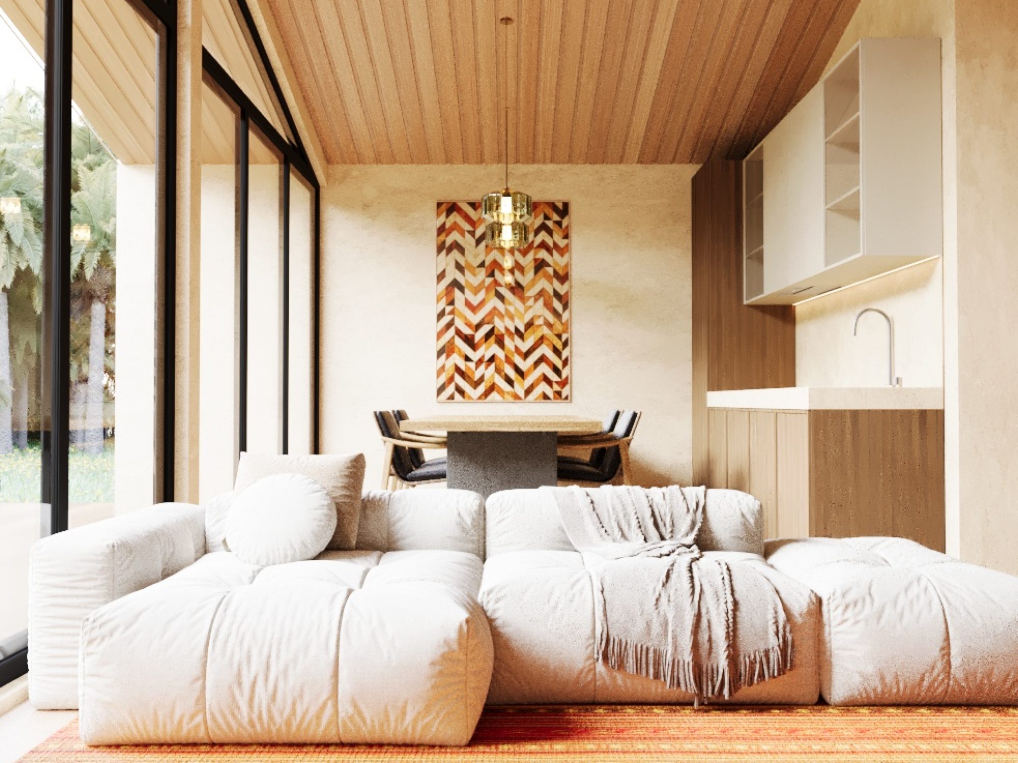 Bright living space with sofa and dining area in Punta Mita villa for pre sale