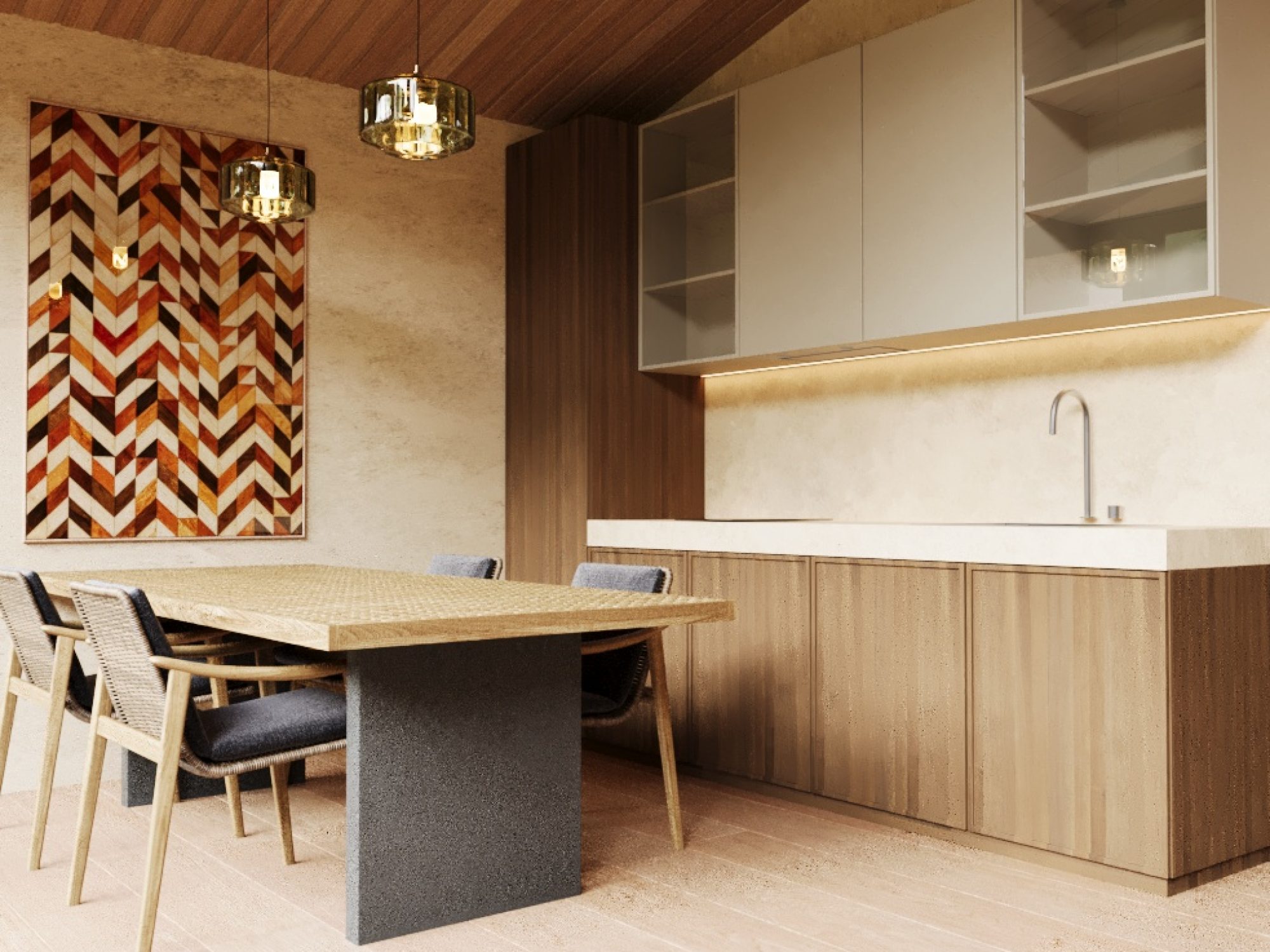 Open kitchen and dining space in Punta Mita villa for pre sale